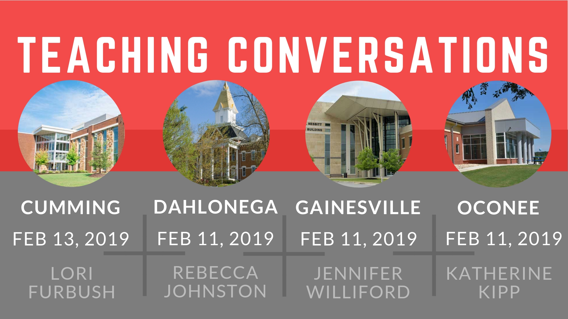 Teaching Conversations workshop information for Cumming, Dahlonega, Gainesville, and Oconee campuses