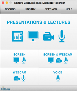 Screenshot image of the CaptureSpace record interface with screen, screen & webcam, webcam, and voice buttons