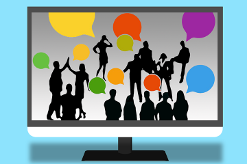 Graphic of Computer screen with silhouette people conversing