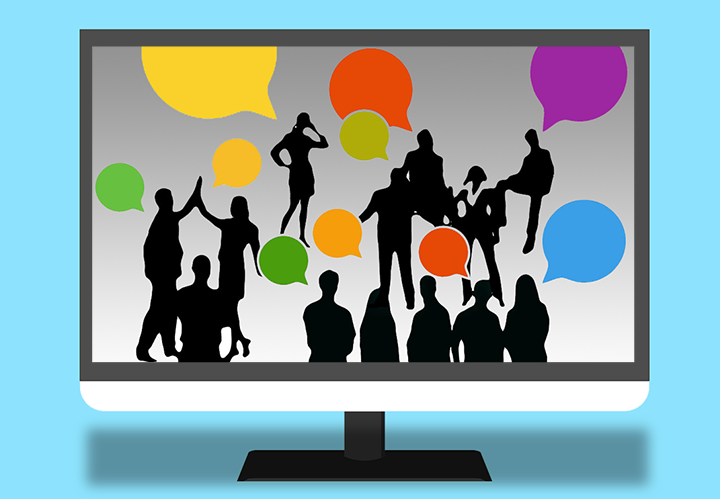 Graphic of Computer screen with silhouette people conversing