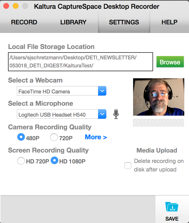 Image of the Kaltura CaptureSpace interface with record, library and settings buttons