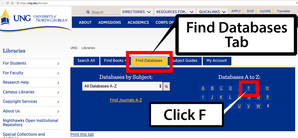 Screenshot of UNG.edu libraries page, showing Databases Tab and the letter F for Films On Demand