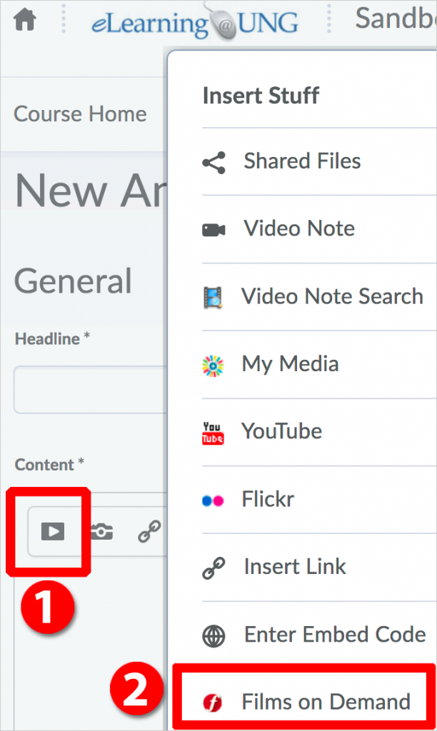 Screenshot of D2L content file page shows Insert Stuff icon and pop-up link to Films On Demand