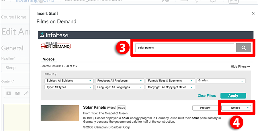 Screenshot of D2L's Films on Demand search page.