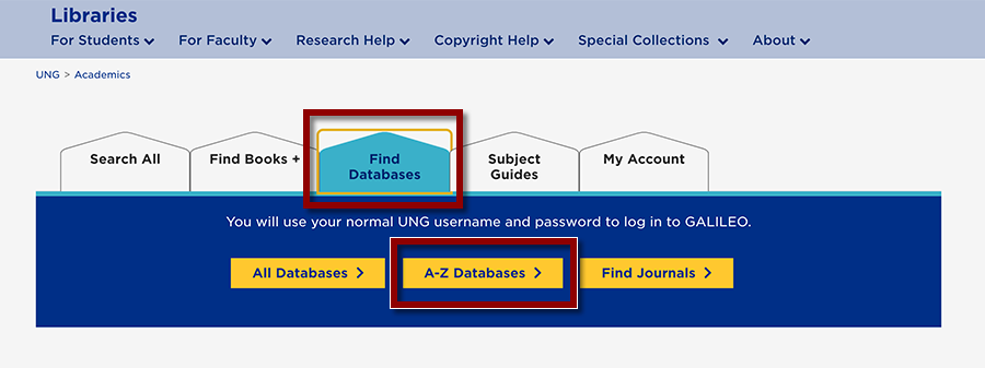 Libraries page with Find Databases tab and A-Z Databases link below it.