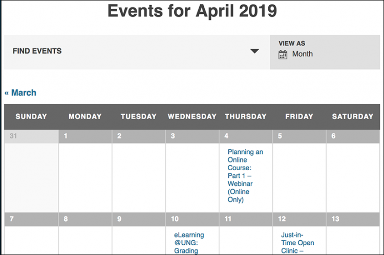 Screenshot of the DETI Events Calendar for April, 2019