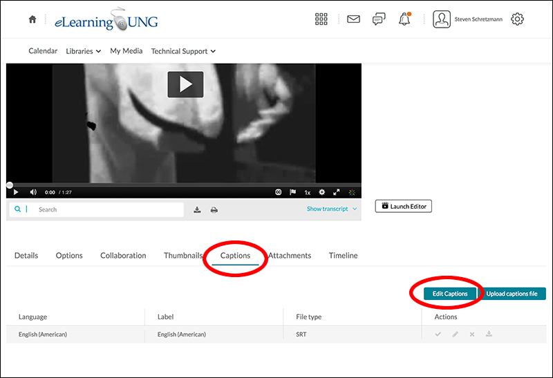 Screenshot of the Captions link, which activates the Edit Captions button.