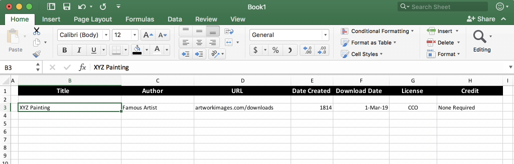 Image of a spreadsheet template with image title, URL and rights