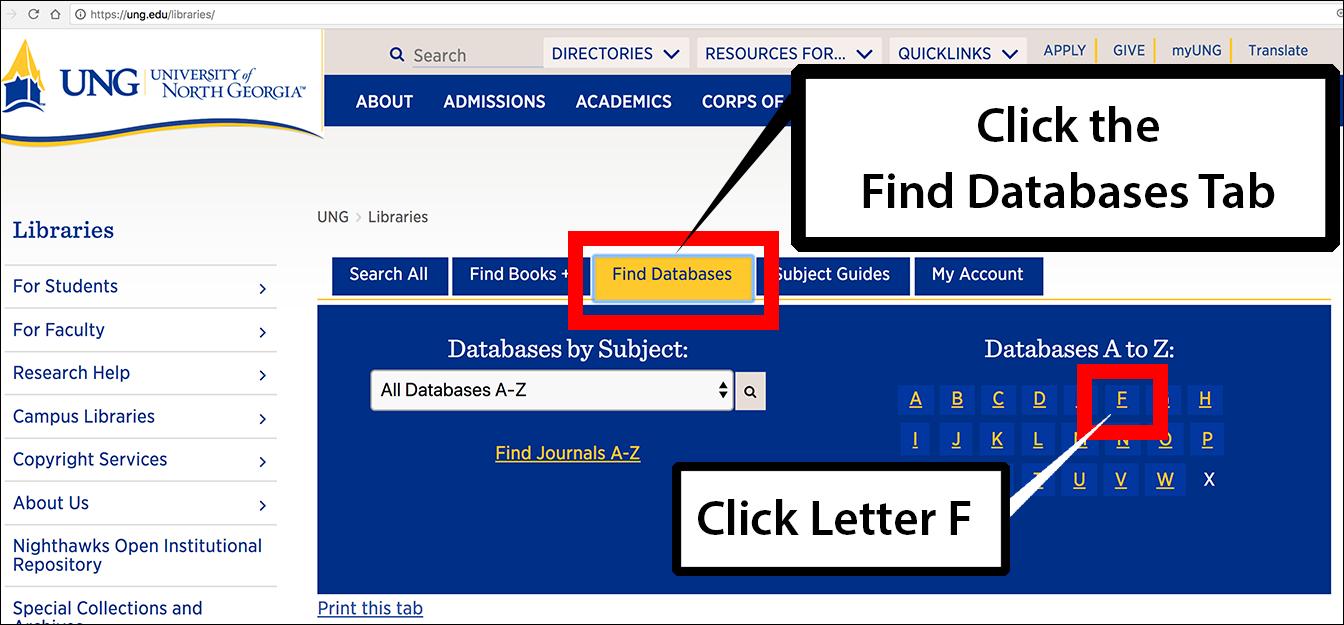 Screenshot of the UNG Libraries website showing the Find Databases tab.
