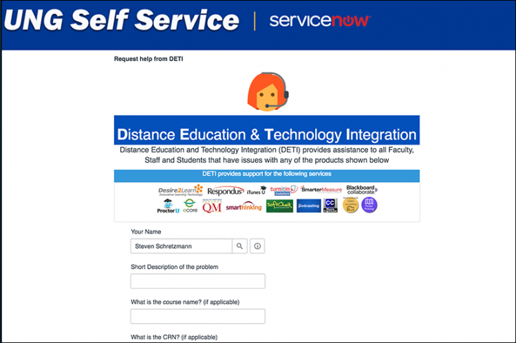 Screenshot of a DETI Service Ticket, part of servicenow, used for requesting DETI's help