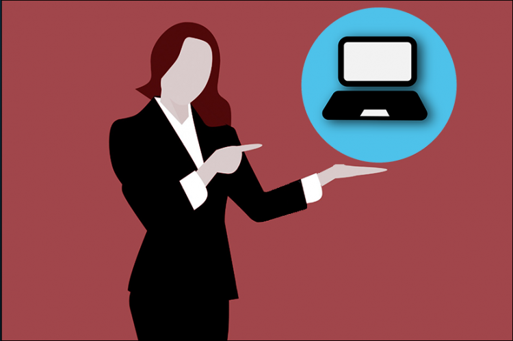 Graphic of a teacher pointing to a computer laptop in a bubble