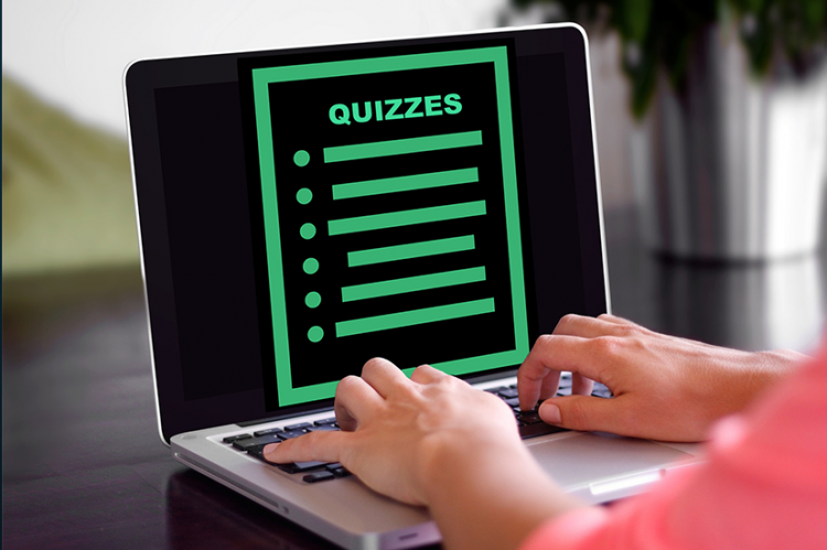 Images of person at laptop with a quiz graphic on screen