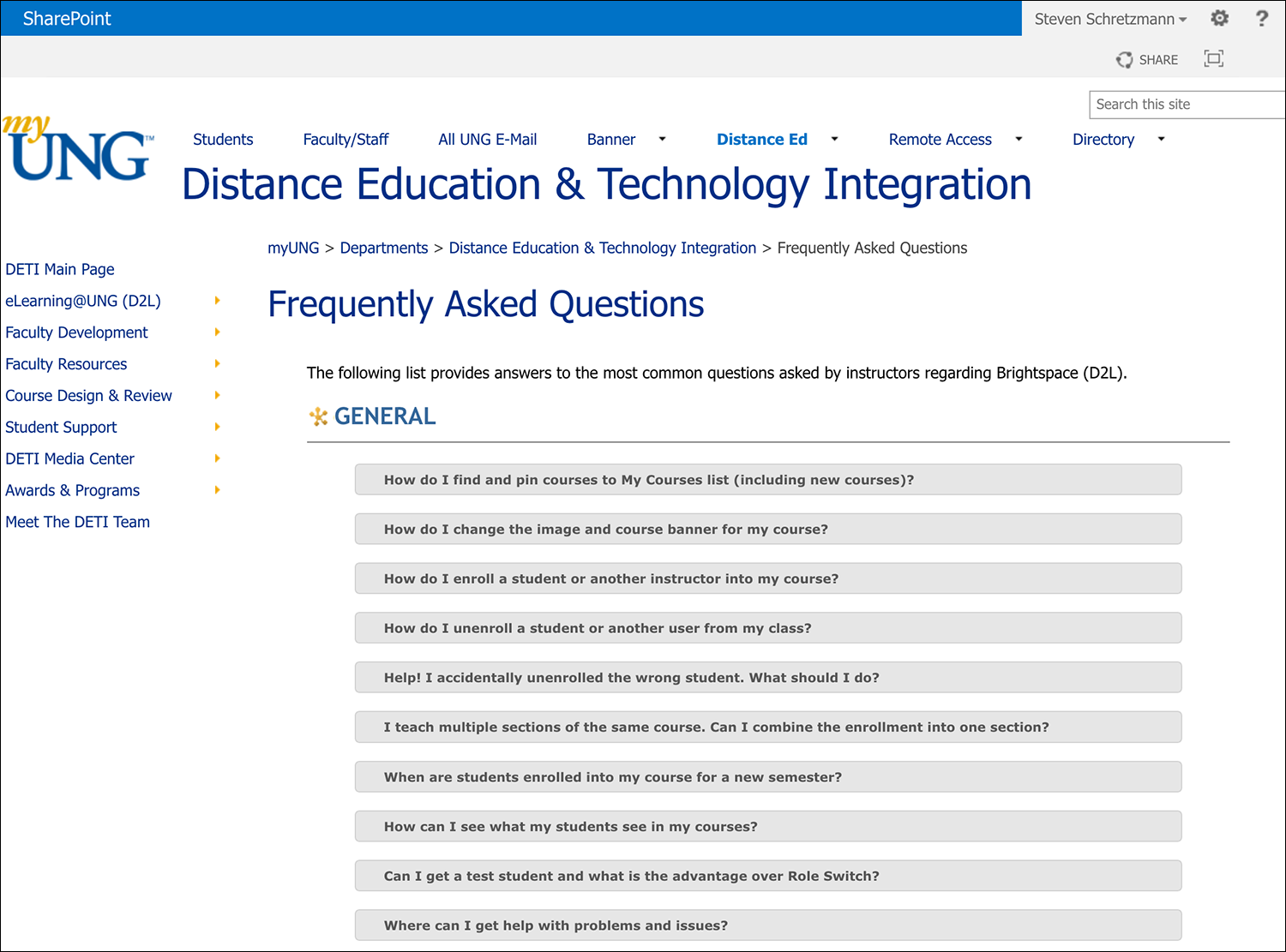 Image of DETI's FAQ page on myUNG website