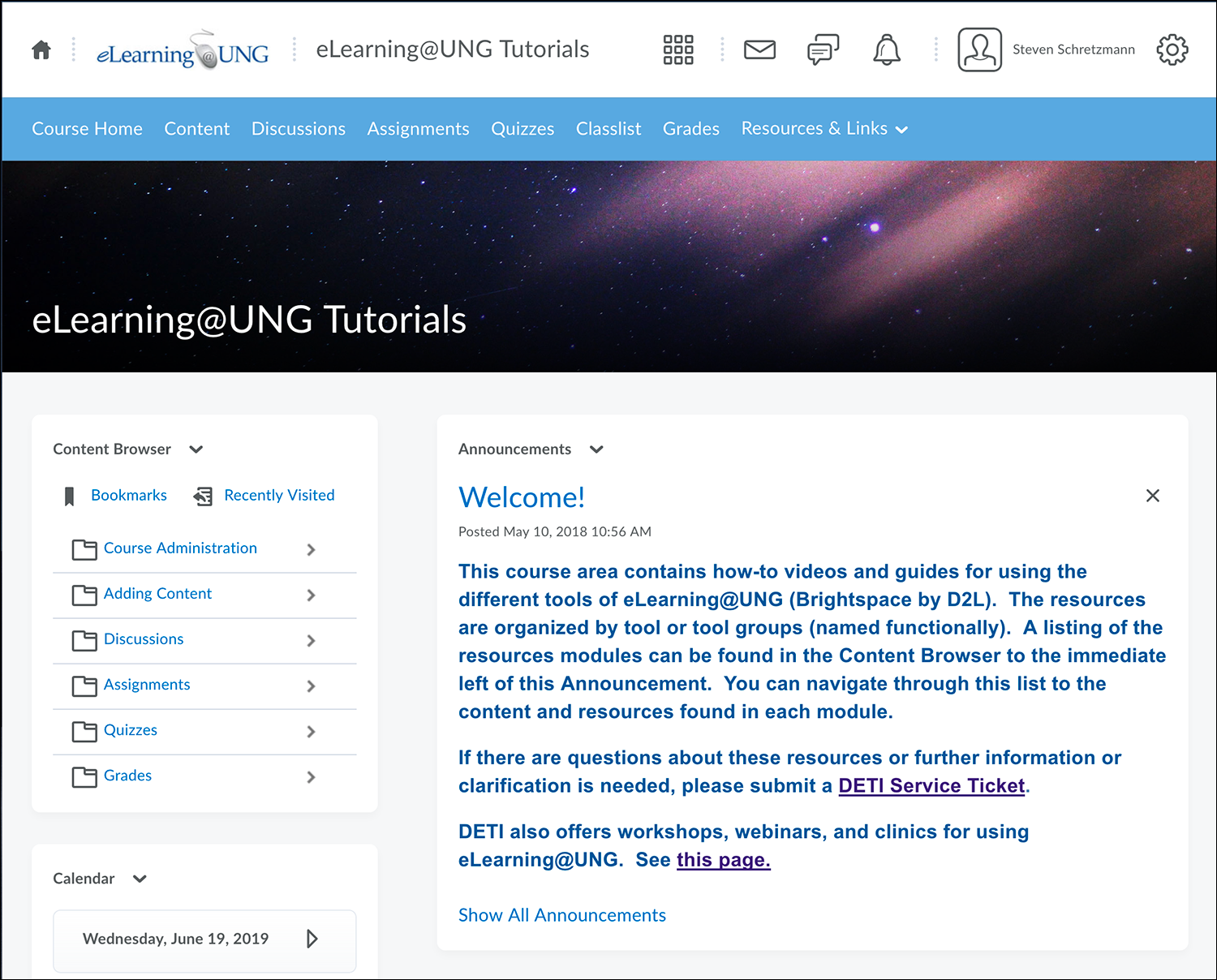 Screenshot of eLearning@UNG Tutorial page