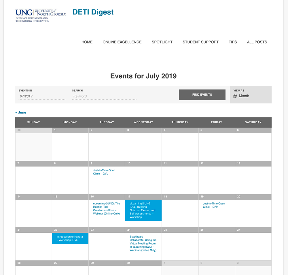 Image of the DETI Calendar showing available classes in July