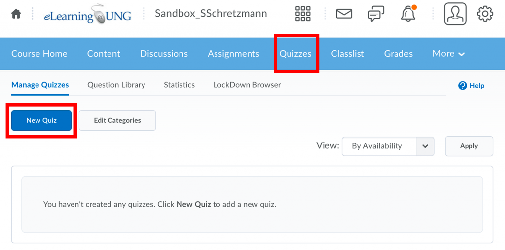 Image of Quizzes tool showing quizzes link and new quiz button