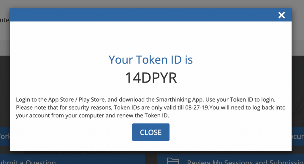 Screenshot of Smarthinking pop-up page with Token ID number