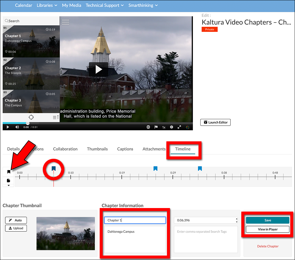Screenshot of the Chapters interface showing the video player at top, timeline below it, and the Chapter Information below the timeline.