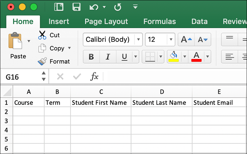 The Excel spreadsheet includes Course, term, Student First and Last Name, and Student Email.