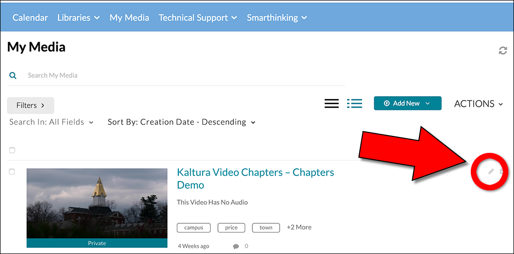 Screenshot of My Media section of D2L, showing edit (pencil) icon at right of title
