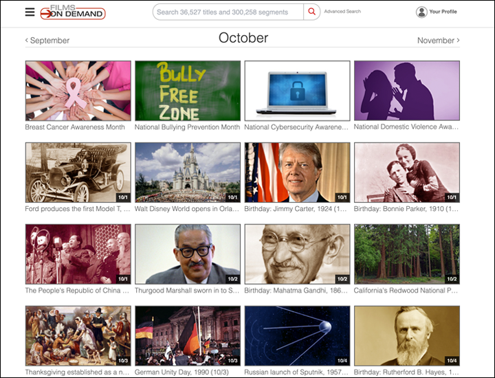 Screenshot of Films on Demand October Calendar with small images of videos