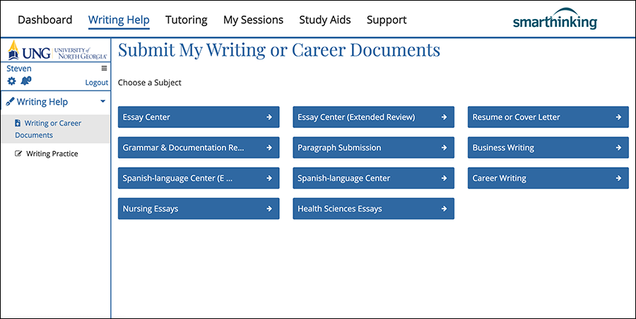 Student view of Smarthinking dashboard (home page)