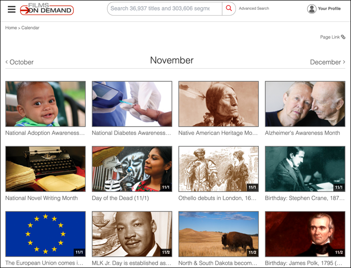 Screenshot of Films On Demand November Calendar