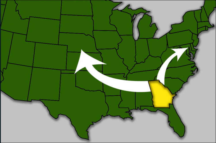 U.S. map, with arrows pointing away from Georgia