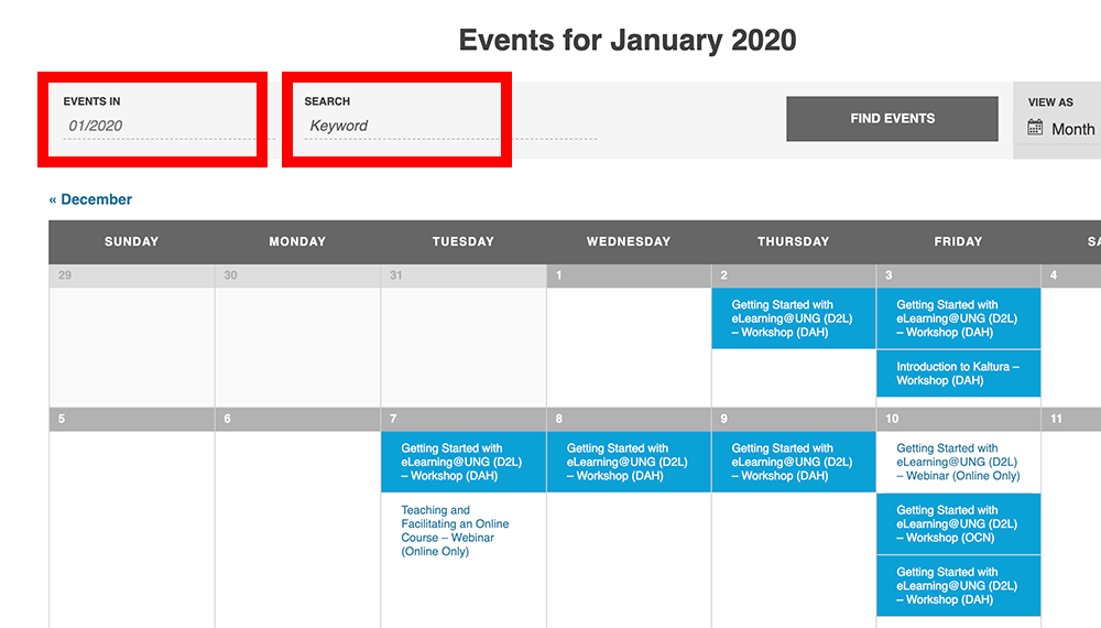 Screenshot, Jan. 2020 calendar highlighting month and events search boxes.