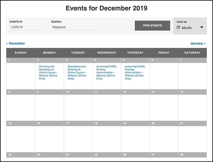 Screenshot of the DETI Digest Events Calendar