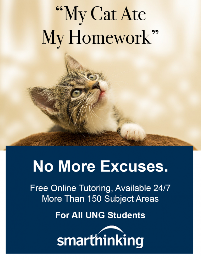 Kitten looking up. text says Cat Ate My Homework, no more excuses, Smarthinking online tutoring