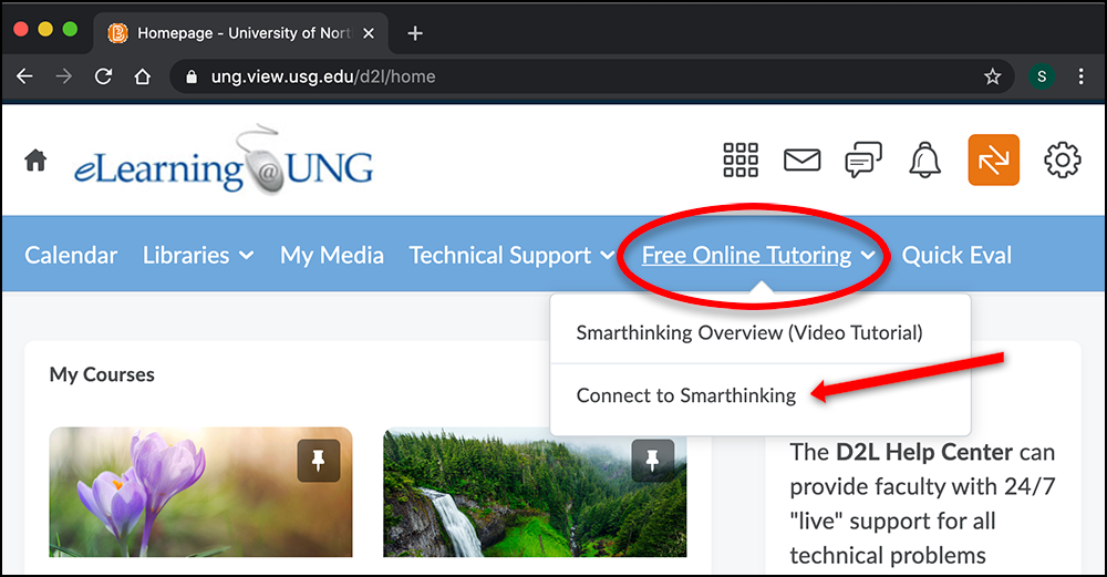 Screenshot of eLearning@UNG homepage highlighting Free Online Tutoring link on Nav bar