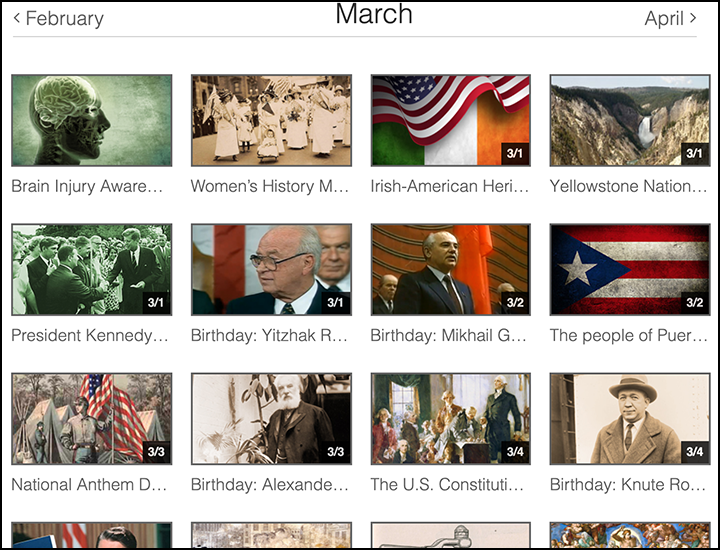 Thumbnail images of videos in a calendar