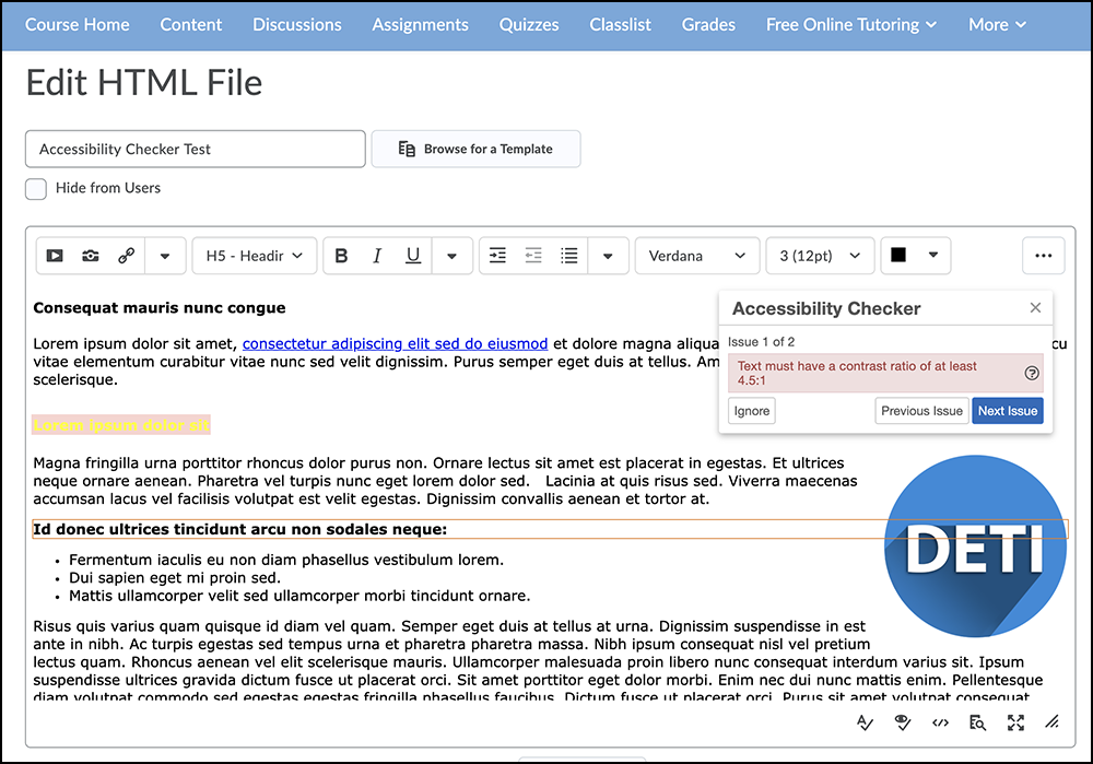 Screenshot of HTML editor highlighting accessibility checker