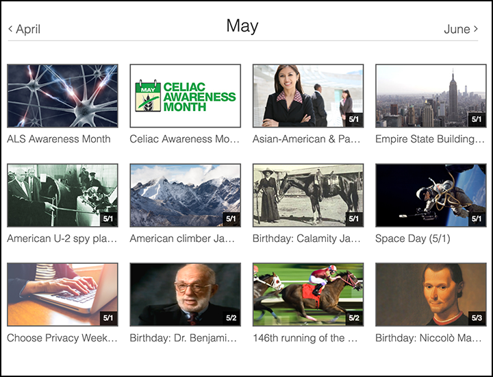 Screenshot of Films on Demand May calendar of featured videos