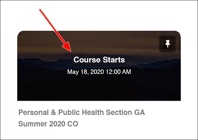 Arrow points to start date on an eLearning@UNG course on home page.