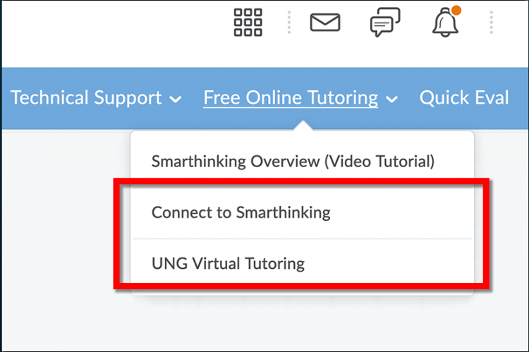 Screenshot of D2L home page highliting free online tutoring menu