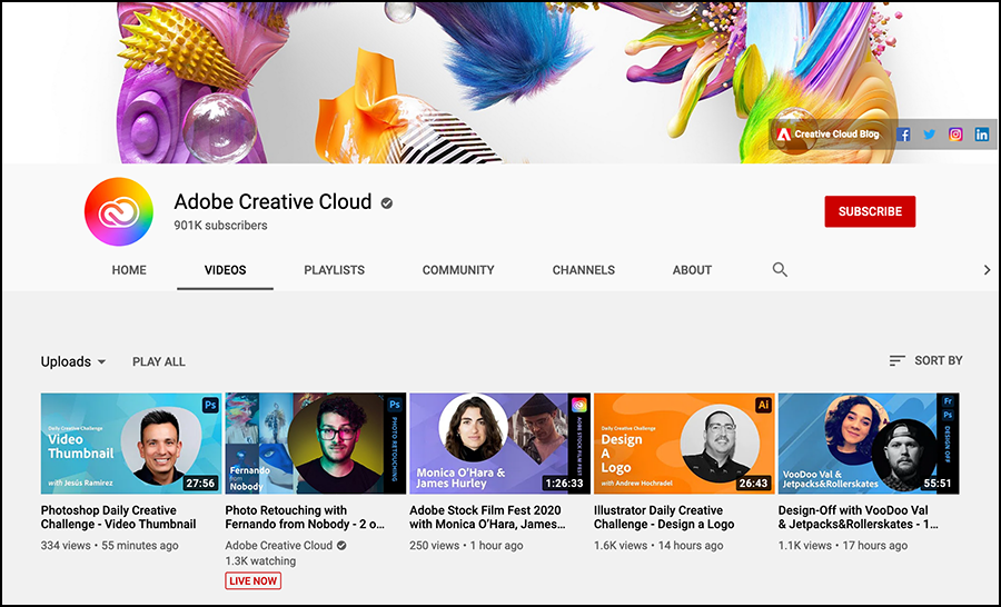 Small thumbnail images of featured videos on Creative Cloud channel