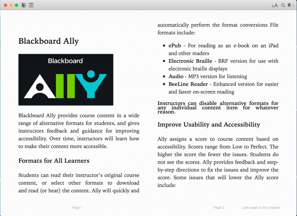 ePub document in Books shows text and an Ally logo downloaded from D2L.