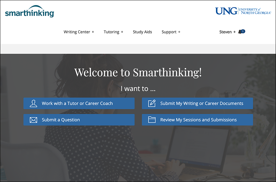 Screenshot of Smarthinking homepage with buttons (from top left, counterclockwise) linking to tutors, submit a question, review sessions, and submit writting.