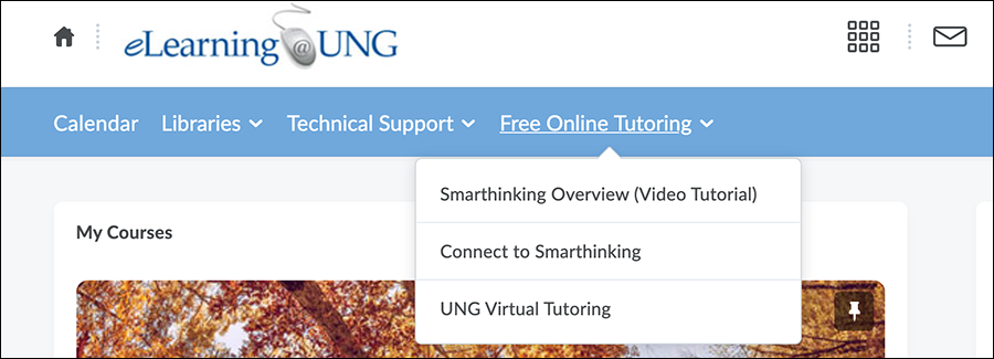 eLearning homepage screenshot with Free Online Tutoring link in navbar and menu containing Smarthinking and UNG Virtual Tutoring links.