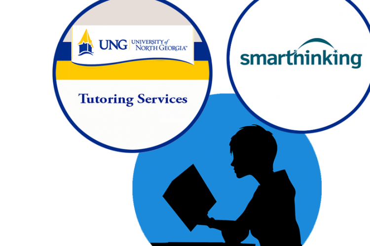 Illustration shows silhouette of woman reading, logos of Tutoring Services and Smarthinking above her