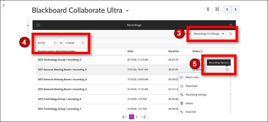 Collaborate module shows recording date range and recording options