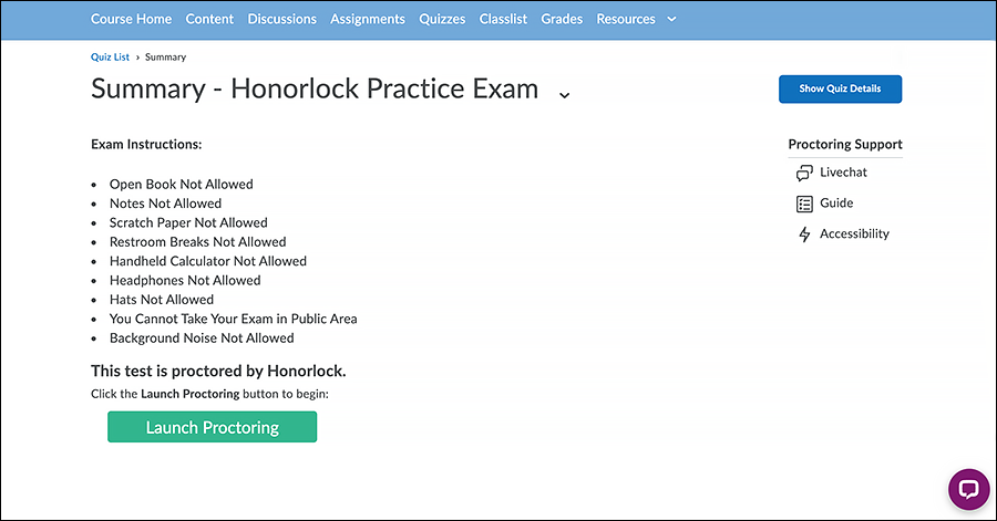 Honorlock quiz in D2L course with list of guidelines and Launch Proctoring button below it