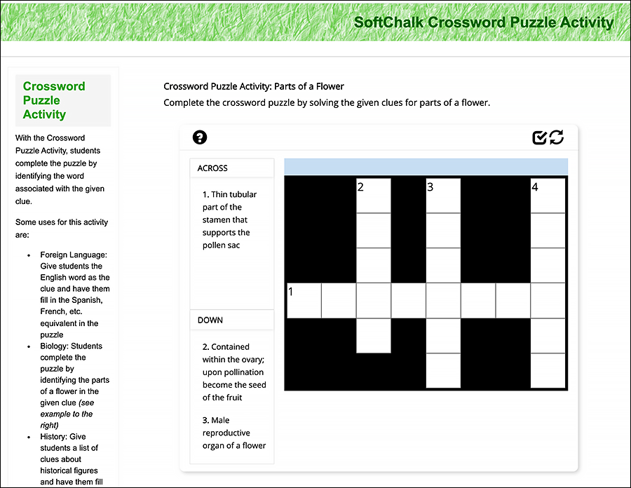 Crossword puzzle with Across and Down fill in the blank spaces created in SoftChalk