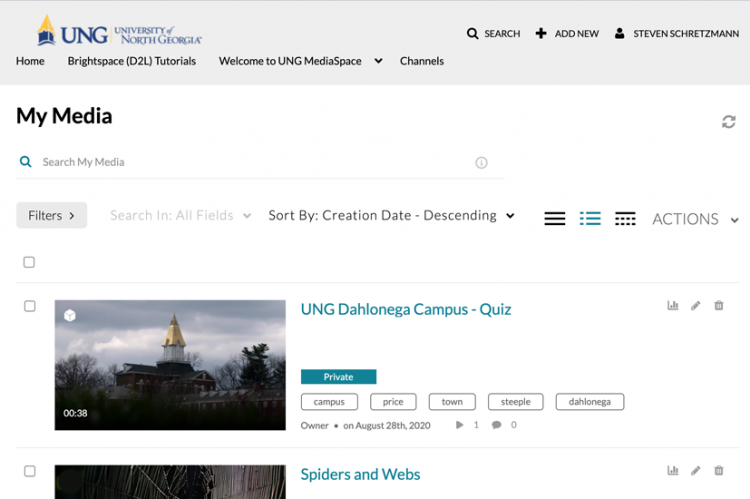 Screenshot of UNG MediaSpace homepage