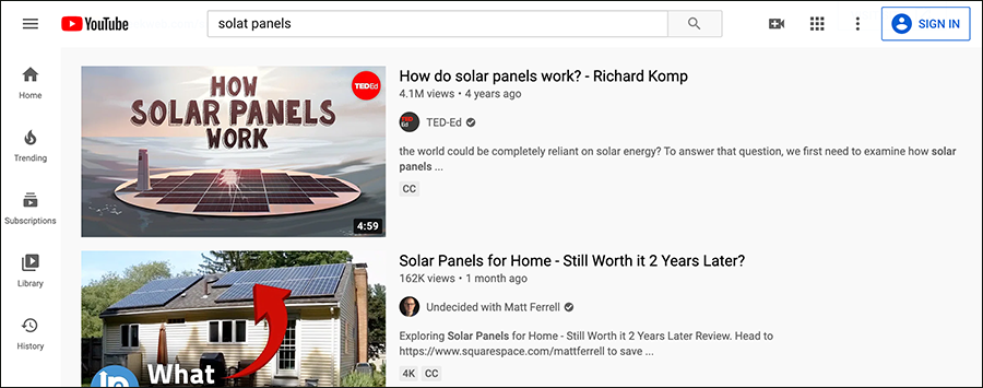 Screenshot of YouTube search result videos list after searching for solar panels with closed-captioning
