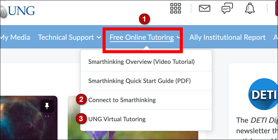 Screenshsot of D2L homepage with Free Online Tutoring link highlighted
