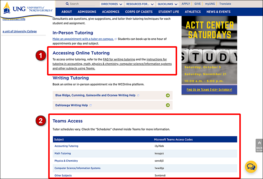 UNG Tutoring Services page on ung.edu, with Teams tutoring and Teams access codes highlighted