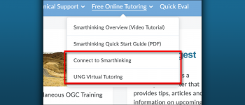 Home page of D2L with Free Online Tutoring menu dropped down, Smarthinking and UNG Virtual Tutoring highlighted